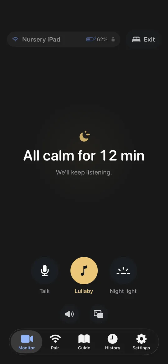 Bedside mode, dark, showing all calm for 12 minutes