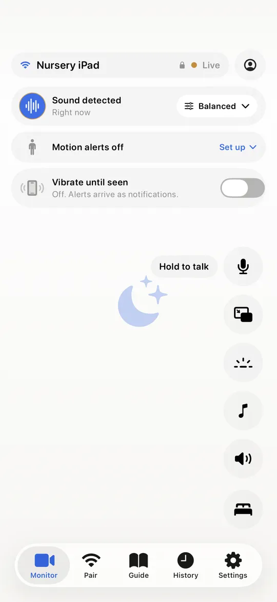 The parent screen showing a sound was detected in the nursery